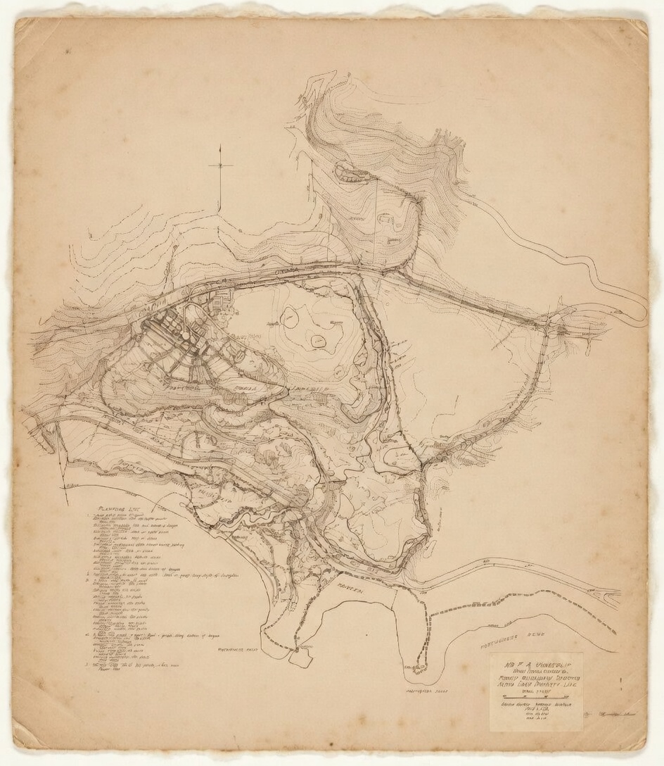 Olmsted Brothers landscape plan for Mr. F.A. Vanderlip — Portuguese Bend, Portuguese Point, and Abalone Cove labeled. A hand-drawn driveway plan so ambitious it would, decades later, become Palos Verdes Drive South.